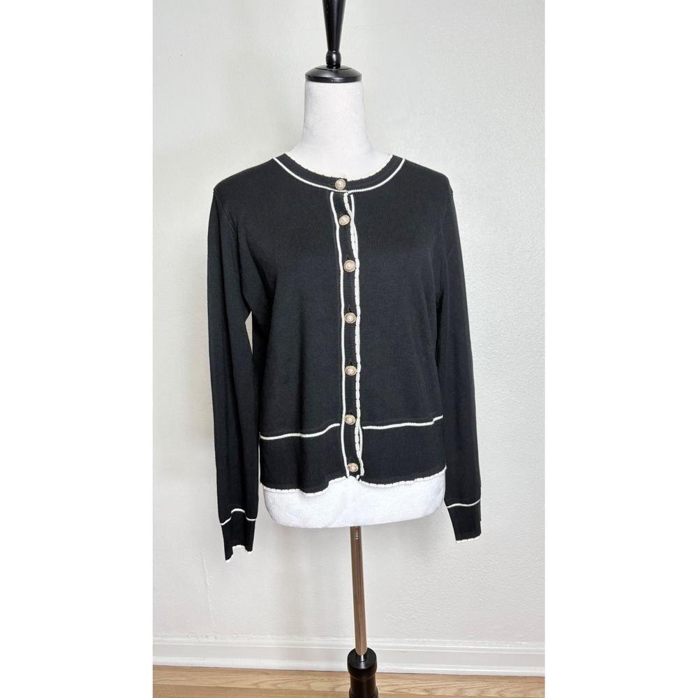 Adrianna Papell Black Knit Gold Pearl Button Up Cardigan Size Small Preppy Chic